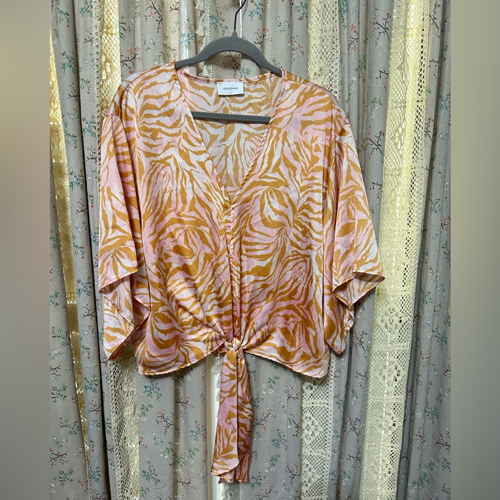2/$28 Adrienne Gigi Zebra Print Tie Front Blouse Large Pink Mustard